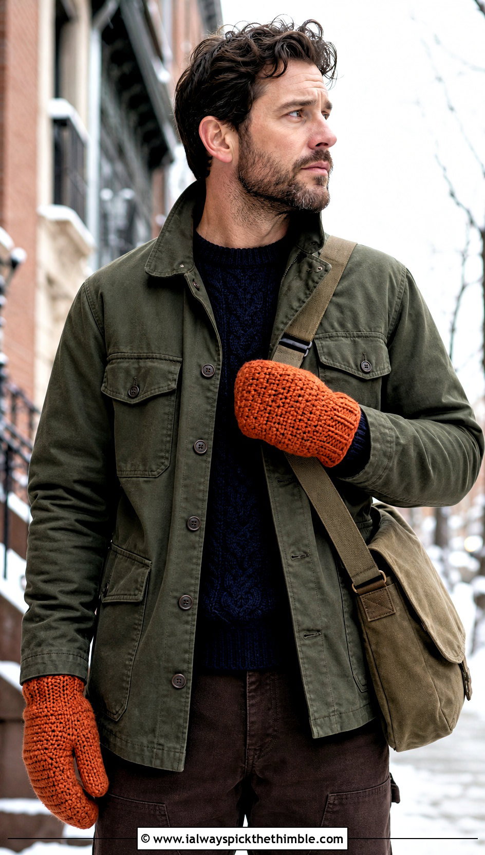 Thermal Stitch Crochet Mittens With Field Jacket - 20 crochet mittens for men outfit ideas