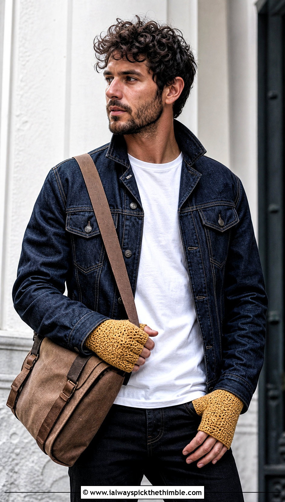 Thermal Stitch Fingerless Gloves With Denim Jacket - 20 Crochet Mens Gloves outfit ideas
