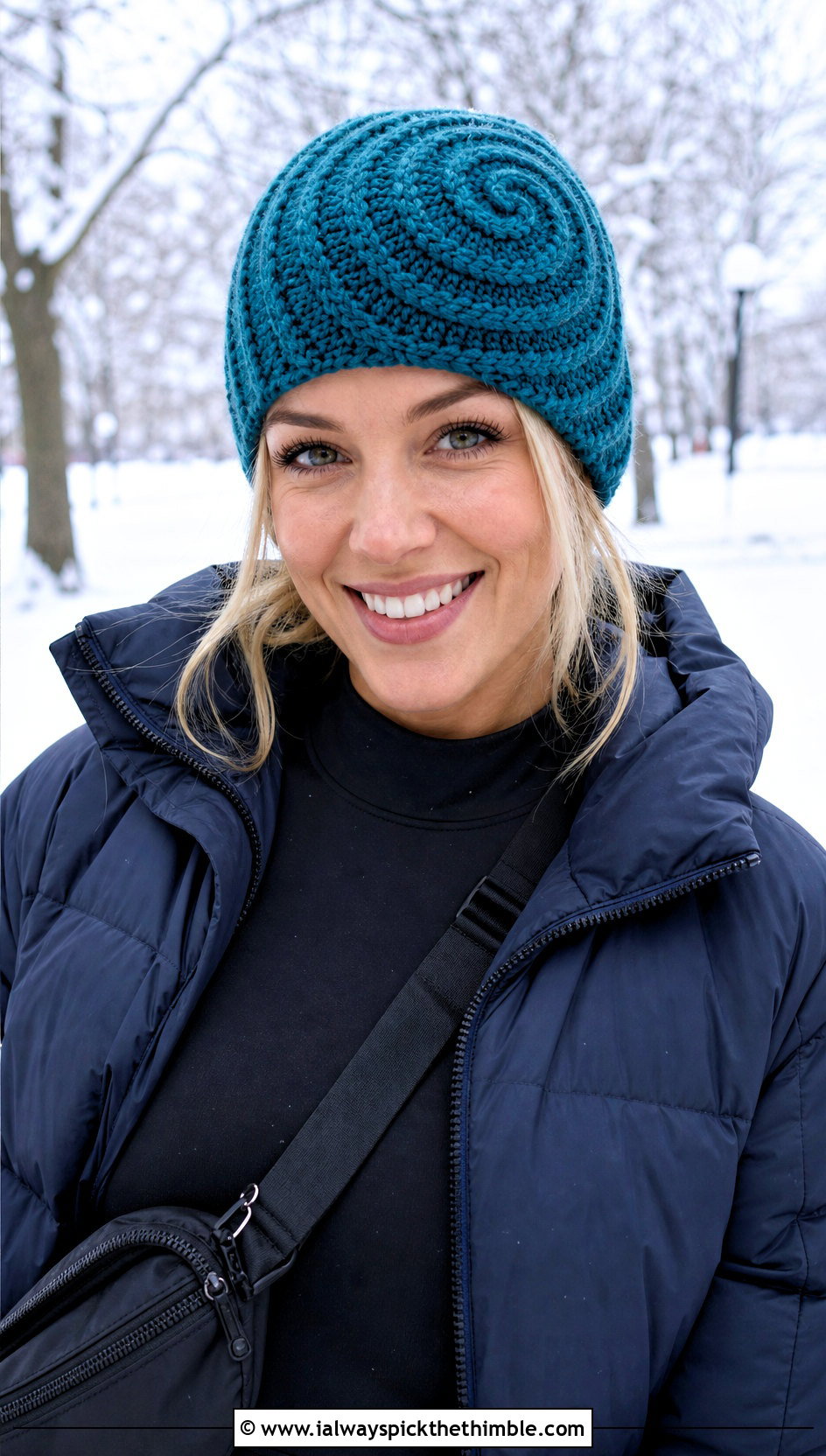 Thermal Stitch Spiral Crochet Swirl Beanie With Puffer Jacket And Leggings - 15 crochet swirl beanie outfit ideas