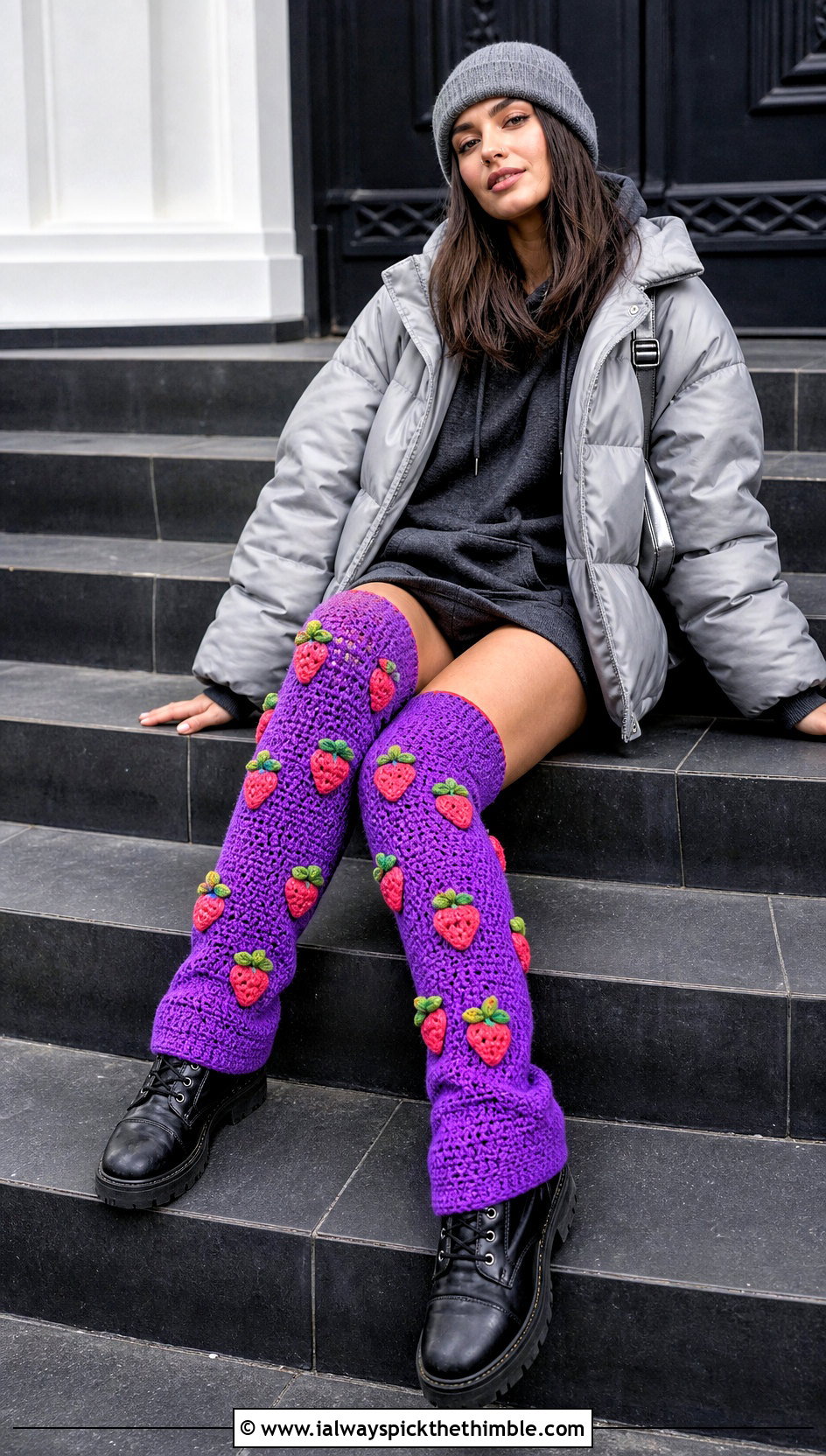 Thigh High Crochet Strawberry Leg Warmers With Hoodie Dress - 15 Crochet Strawberry Leg Warmers outfit ideas