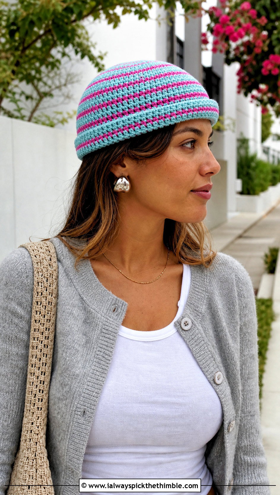 Thin Stripe Fisherman Crochet Beanie With Cardigan And Wide Leg Jeans - 15 Crochet Striped Beanies outfit ideas
