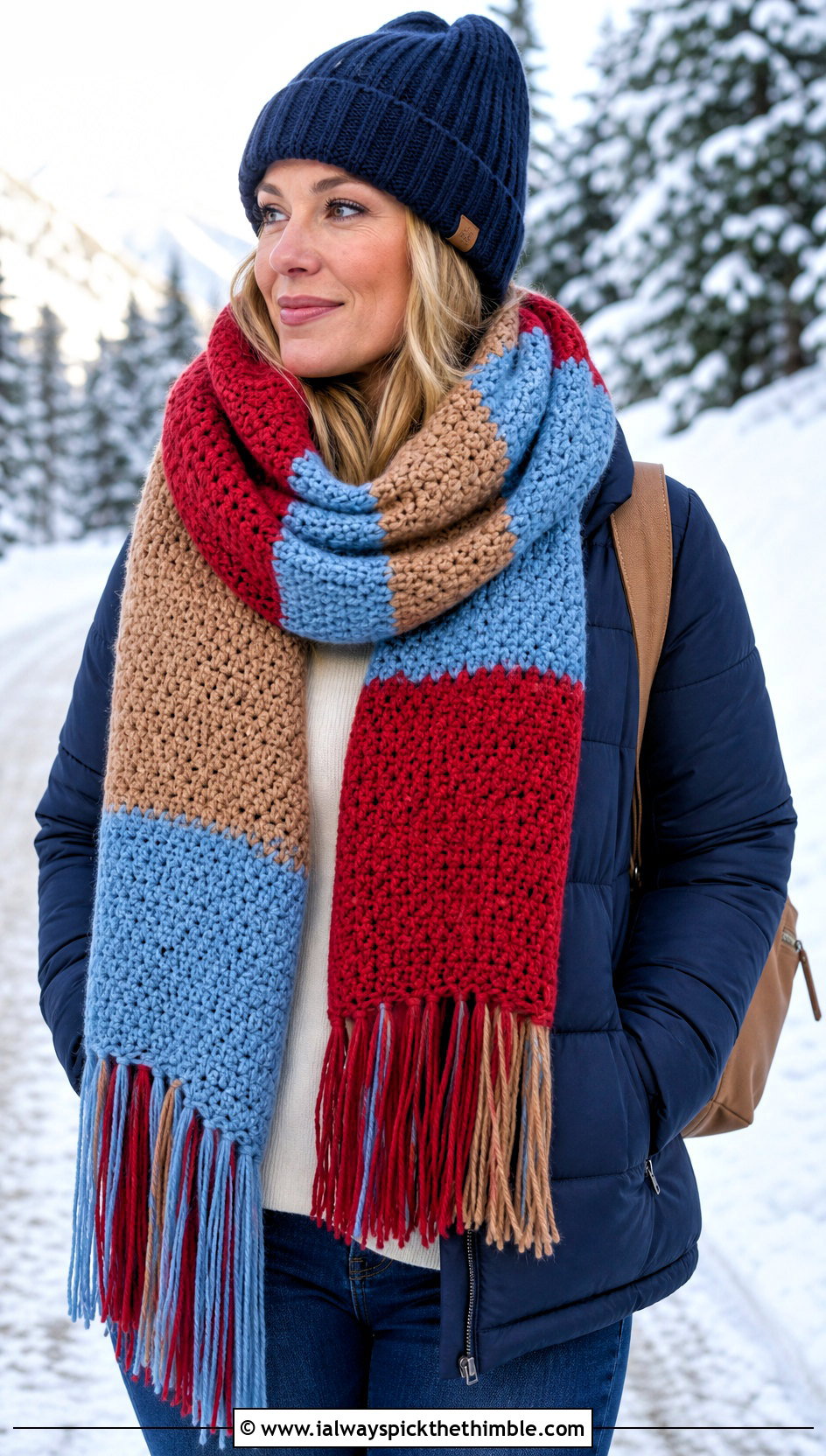 Three Color Blanket Crochet Scarf With Puffer Jacket - 20 3 Color Crochet Scarf outfit ideas