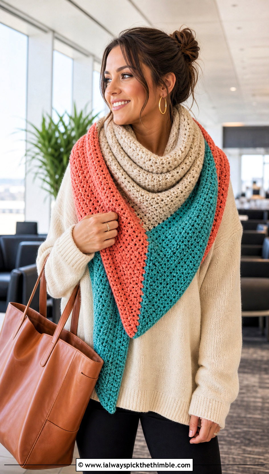 Three Color Blanket Crochet Scarf With Sweater And Leggings - 20 3 Colors Crochet Scarf outfit ideas
