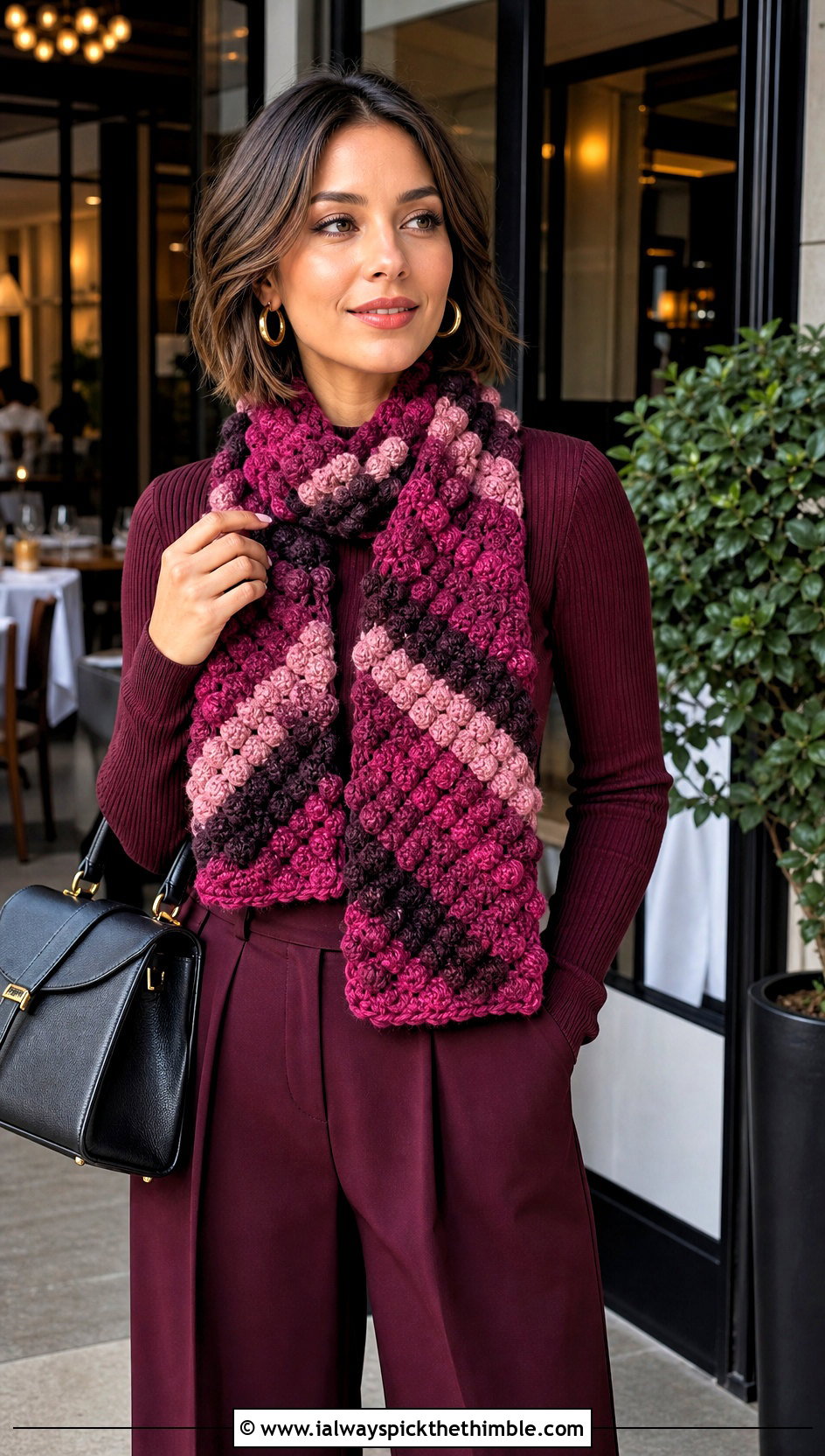 Three Color Bobble Crochet Scarf With Monochrome Outfit - 20 3 Colors Crochet Scarf outfit ideas