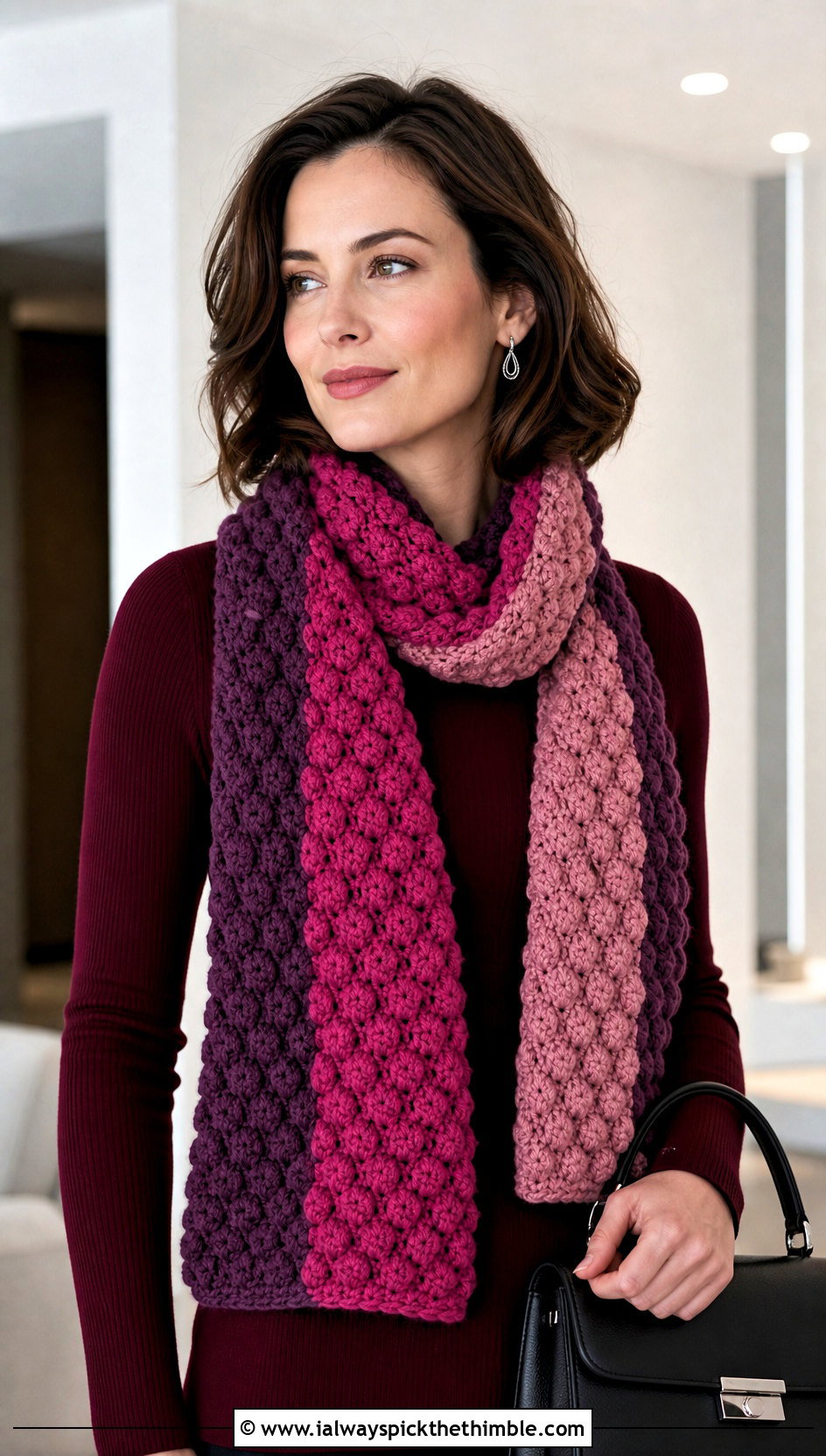 Three Color Bobble Crochet Scarf With Monochrome Outfit - 20 3 Color Crochet Scarf outfit ideas