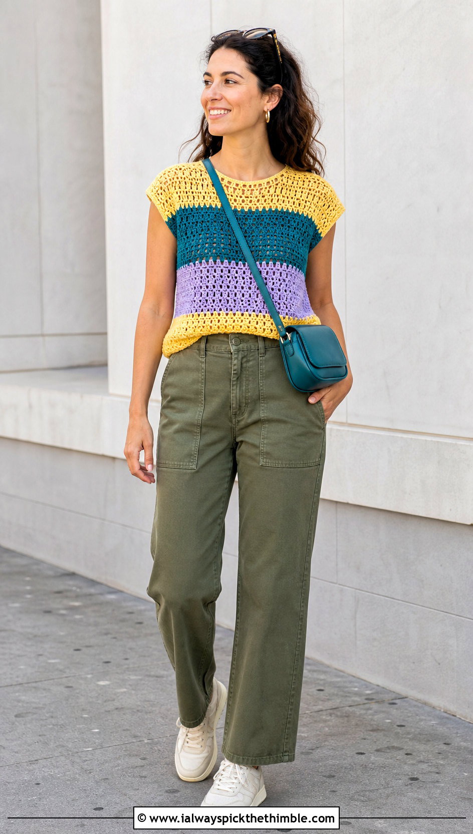 Three Color Cap Sleeve Crochet Top With Utility Pants - 20 three color crochet top outfit ideas