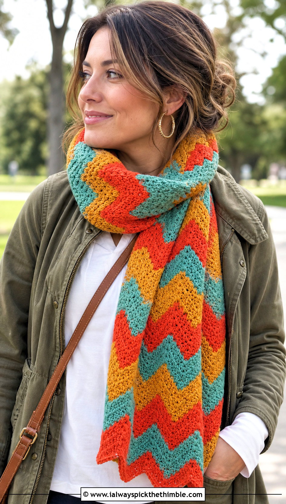 Three Color Chevron Crochet Scarf With Utility Jacket - 20 3 Color Crochet Scarf outfit ideas