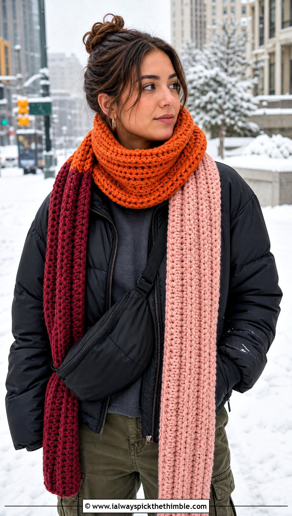 Three Color Chunky Ribbed Crochet Scarf With Puffer Jacket - 20 3 Colors Crochet Scarf outfit ideas