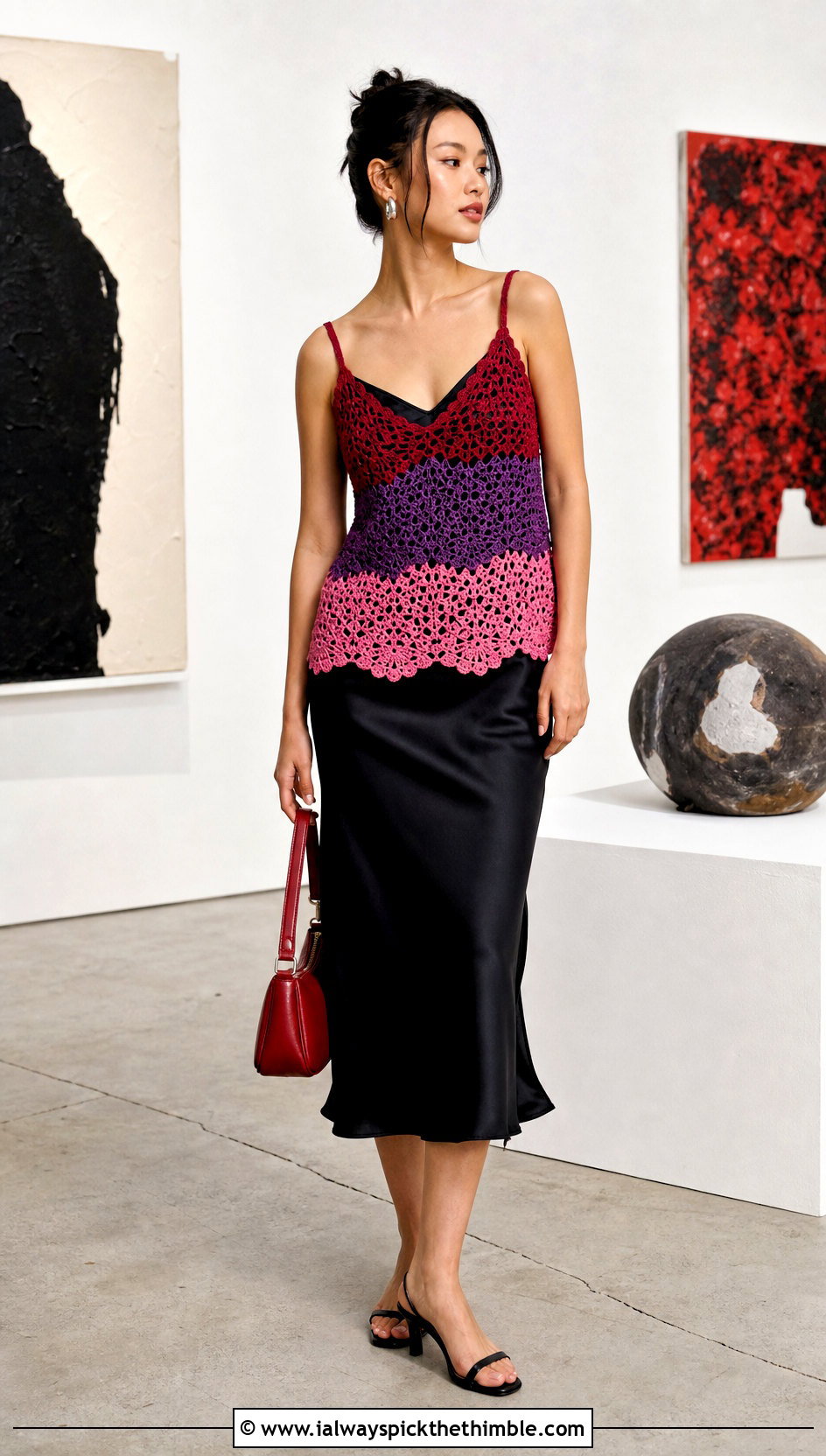 Three Color Crochet Camisole With Slip Dress - 20 three color crochet top outfit ideas