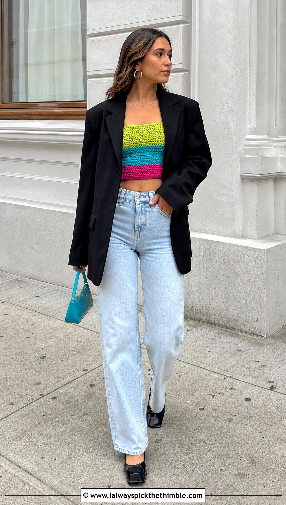 Three Color Crochet Tube Top With Oversized Blazer - 20 three color crochet top outfit ideas