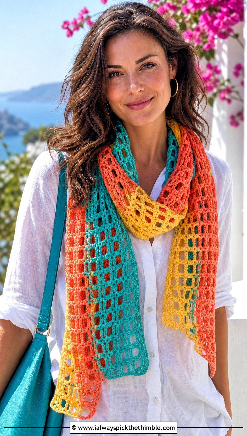 Three Color Filet Crochet Scarf With Linen Outfit - 20 3 Color Crochet Scarf outfit ideas