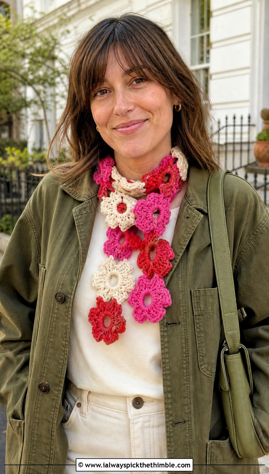 Three Color Floral Motif Crochet Scarf With Chore Jacket - 20 3 Colors Crochet Scarf outfit ideas