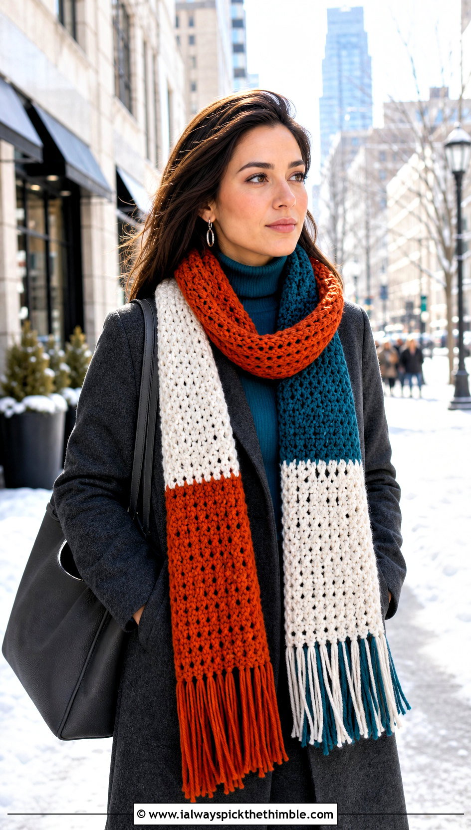 Three Color Fringed Crochet Scarf With Long Coat - 20 3 Color Crochet Scarf outfit ideas