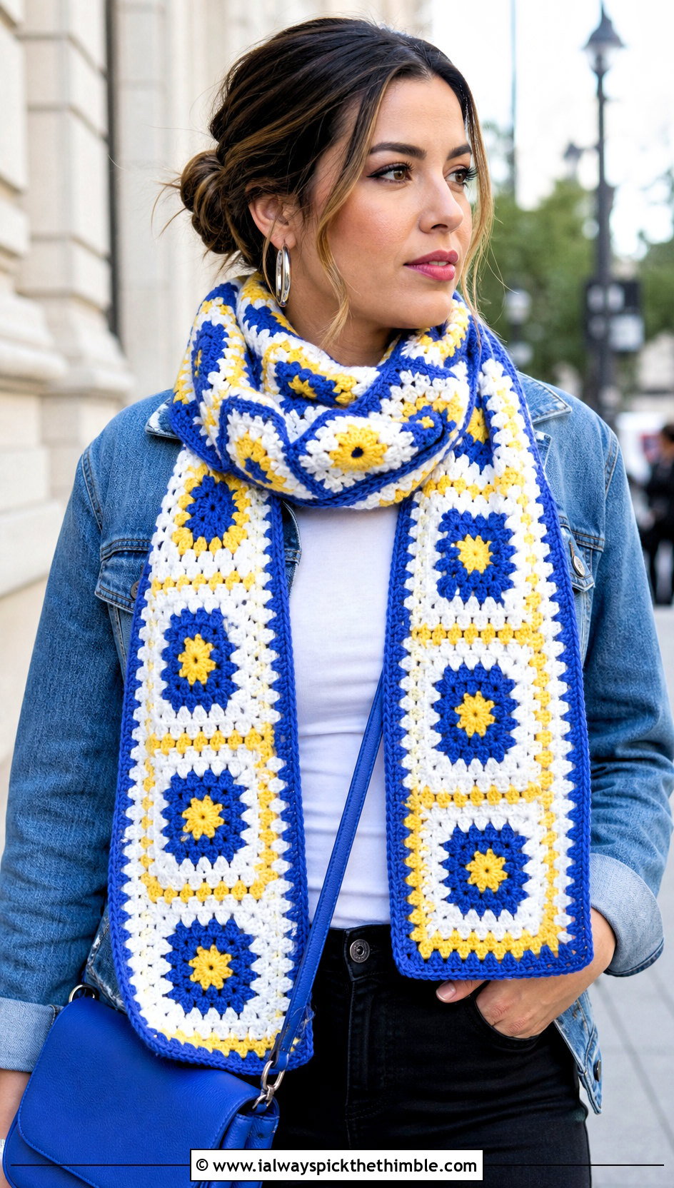 Three Color Granny Square Crochet Scarf With Denim Jacket - 20 3 Colors Crochet Scarf outfit ideas