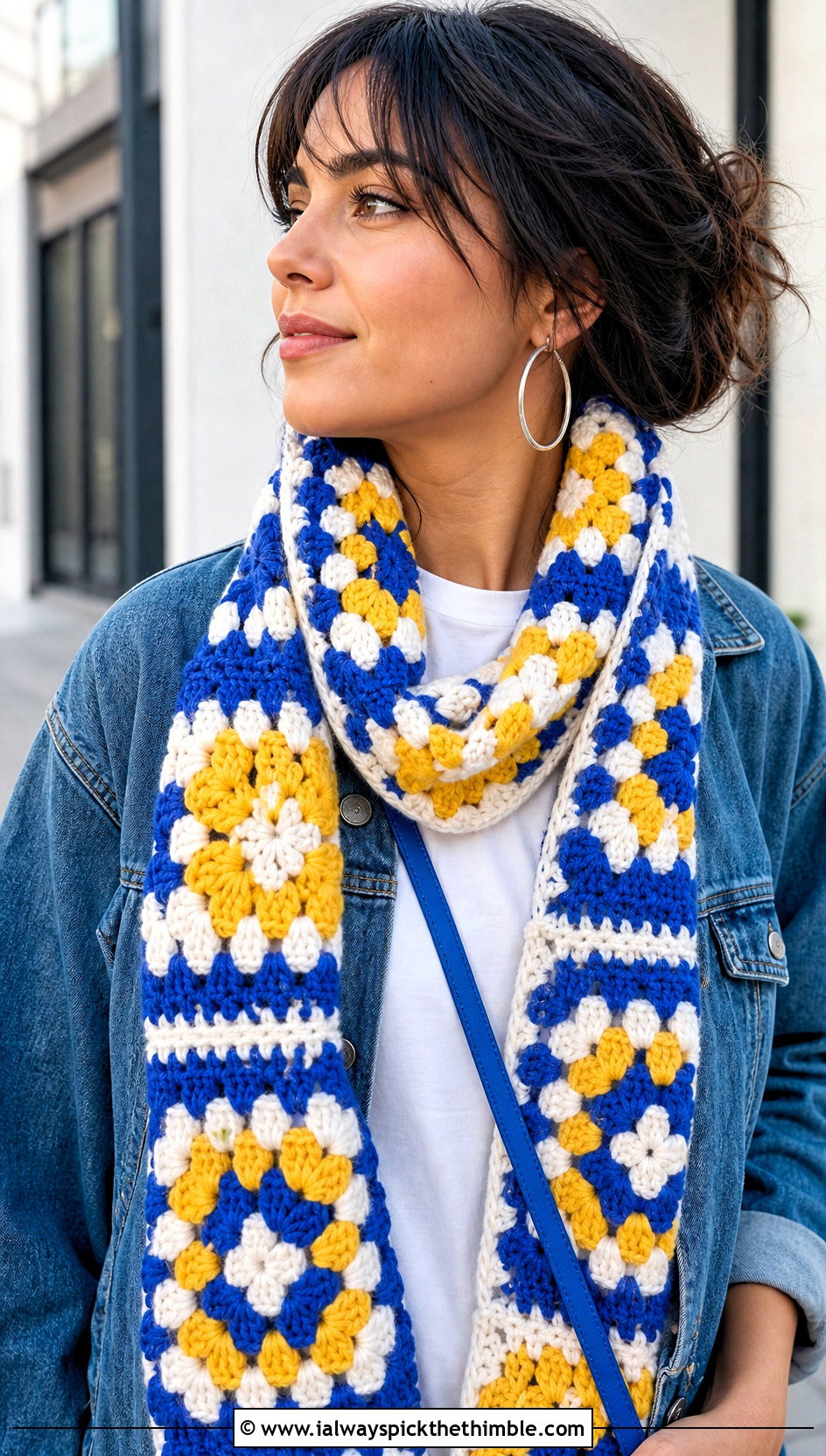 Three Color Granny Square Crochet Scarf With Denim Jacket - 20 3 Color Crochet Scarf outfit ideas