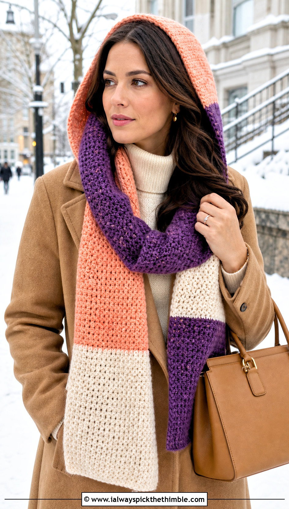 Three Color Hooded Crochet Scarf With Wool Coat - 20 3 Color Crochet Scarf outfit ideas