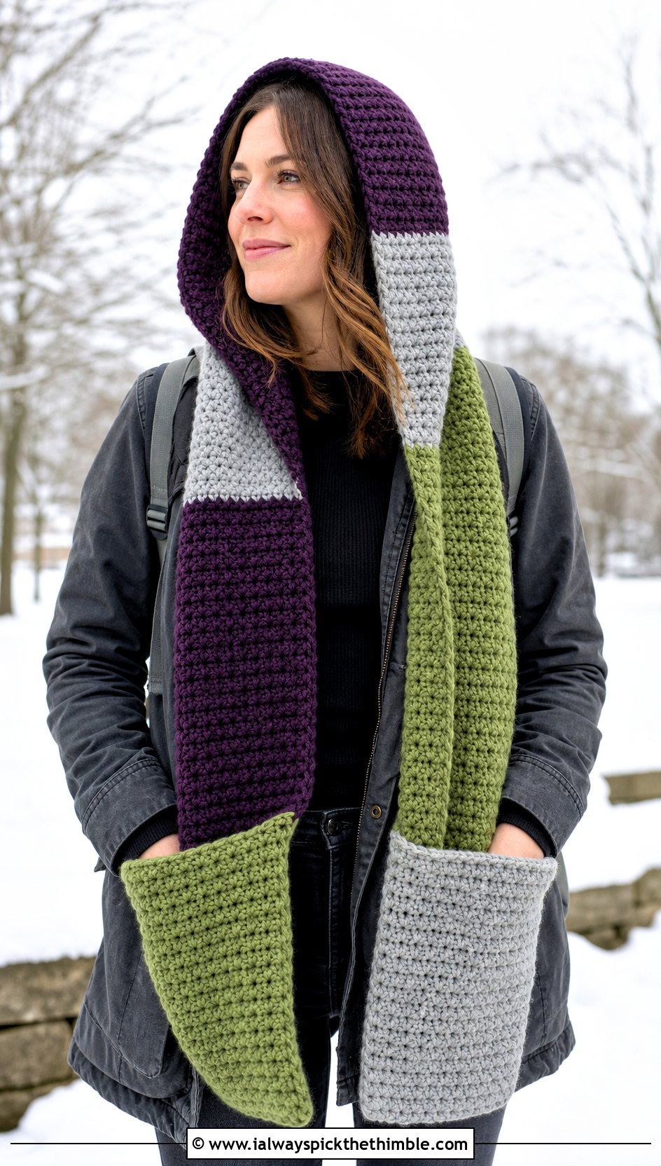 Three Color Hooded Pocket Crochet Scarf With Utility Coat - 20 3 Colors Crochet Scarf outfit ideas