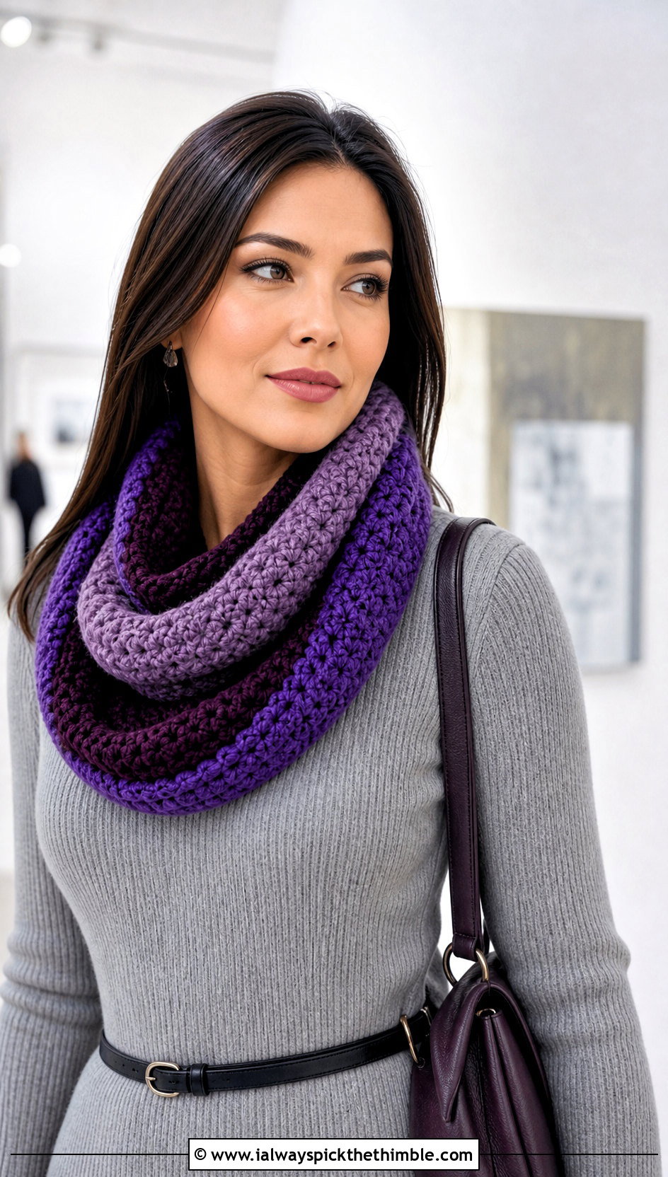 Three Color Infinity Crochet Scarf With Sweater Dress - 20 3 Colors Crochet Scarf outfit ideas