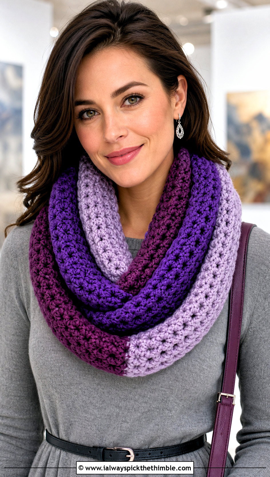 Three Color Infinity Crochet Scarf With Sweater Dress - 20 3 Color Crochet Scarf outfit ideas
