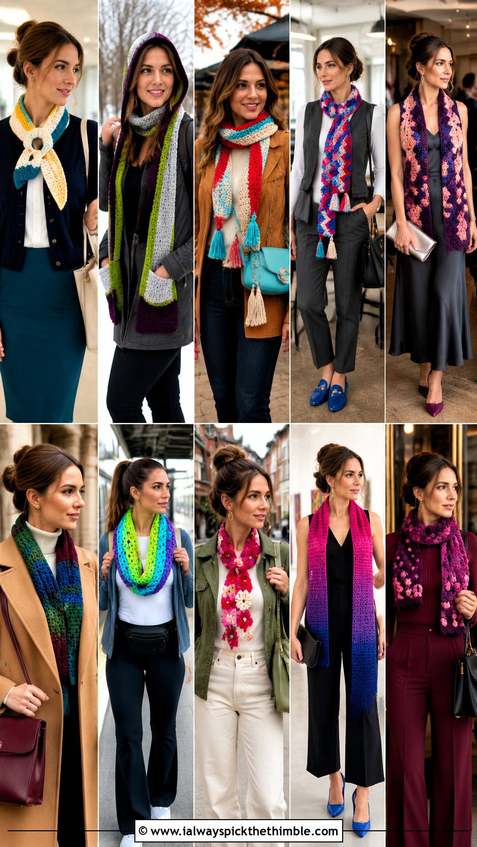 Three Color Keyhole Crochet Scarf With Cardigan And Pencil Skirt - 20 3 Colors Crochet Scarf outfit ideas