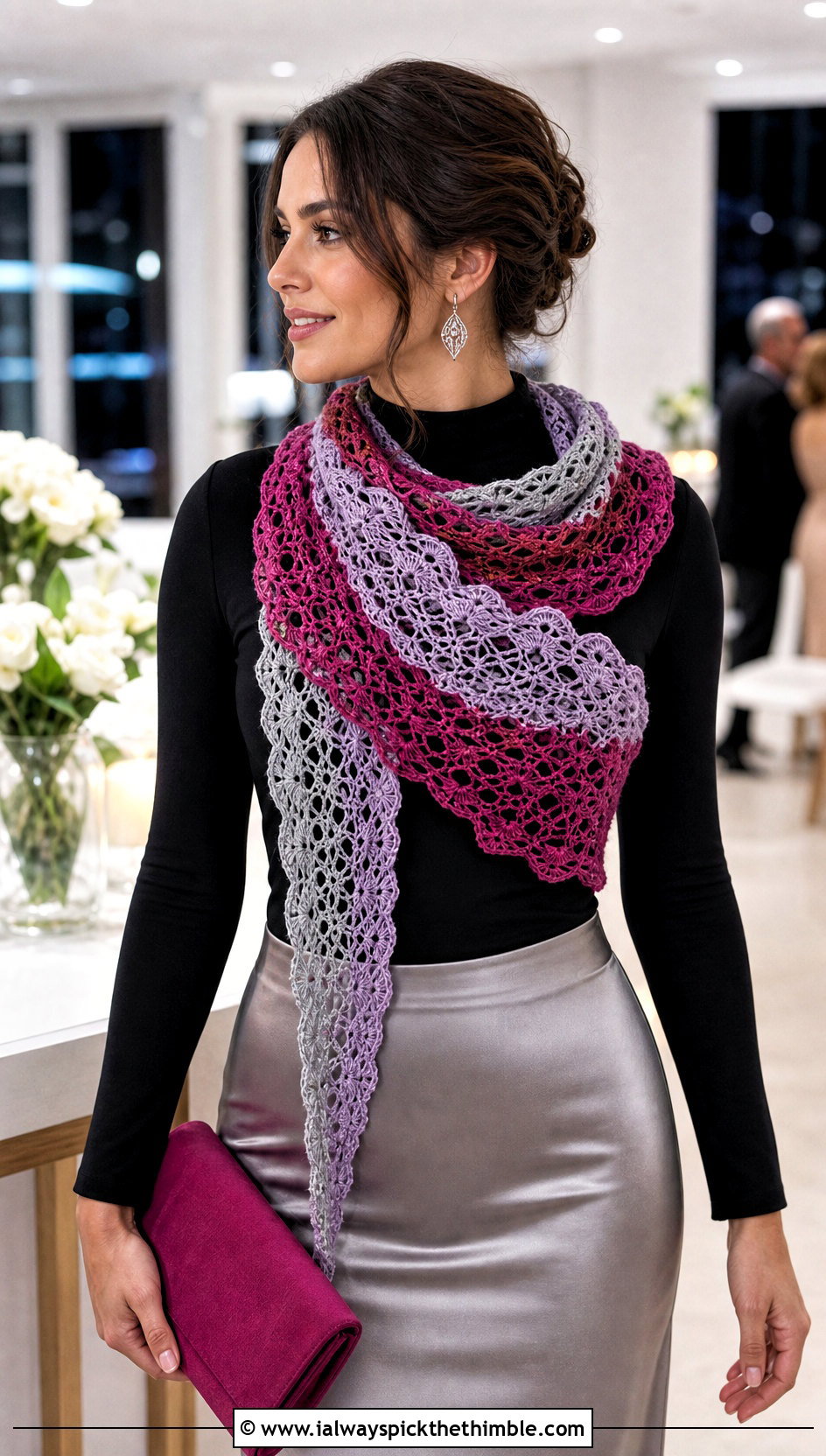 Three Color Lace Crochet Scarf With Satin Midi Skirt - 20 3 Colors Crochet Scarf outfit ideas