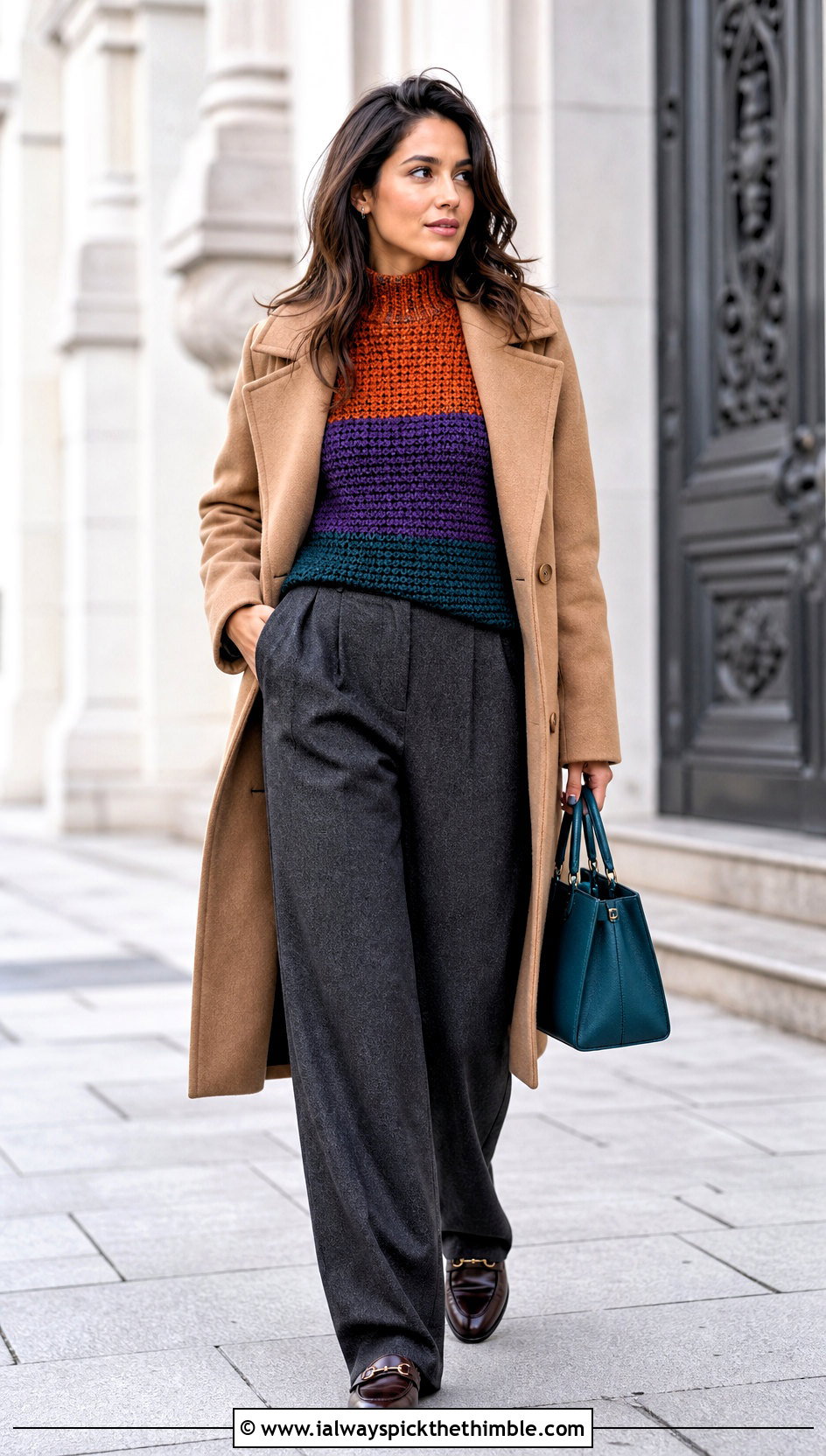 Three Color Long Sleeve Crochet Top With Wool Trousers - 20 three color crochet top outfit ideas