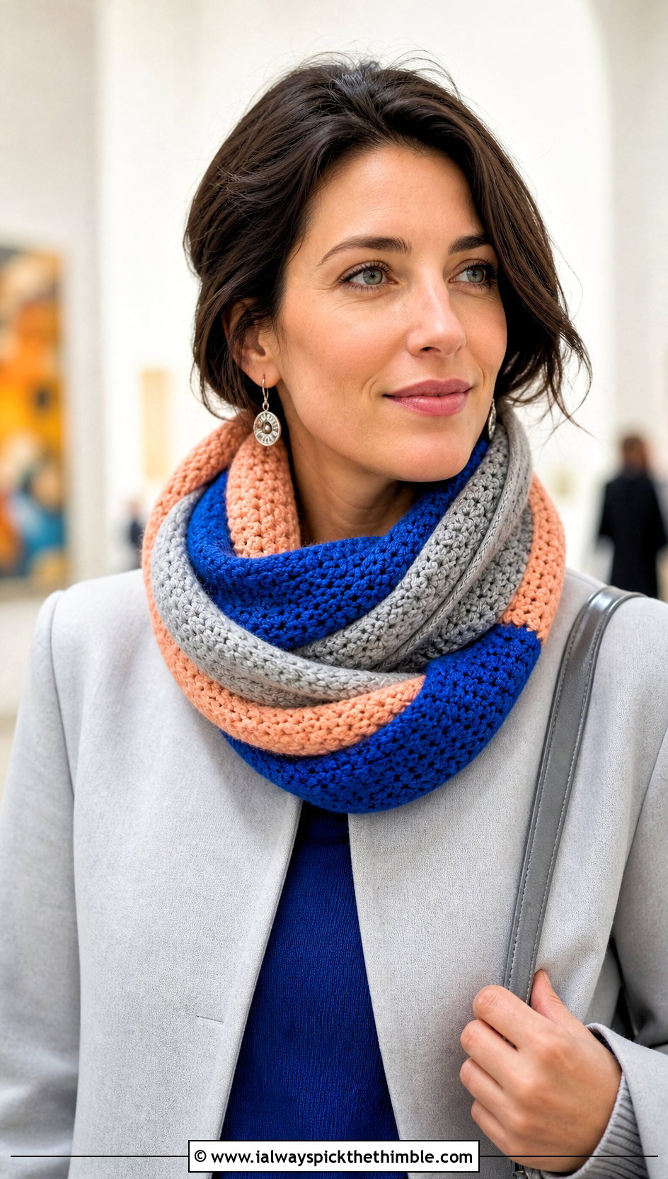 Three Color Mbius Crochet Scarf With Minimalist Coat - 20 3 Color Crochet Scarf outfit ideas