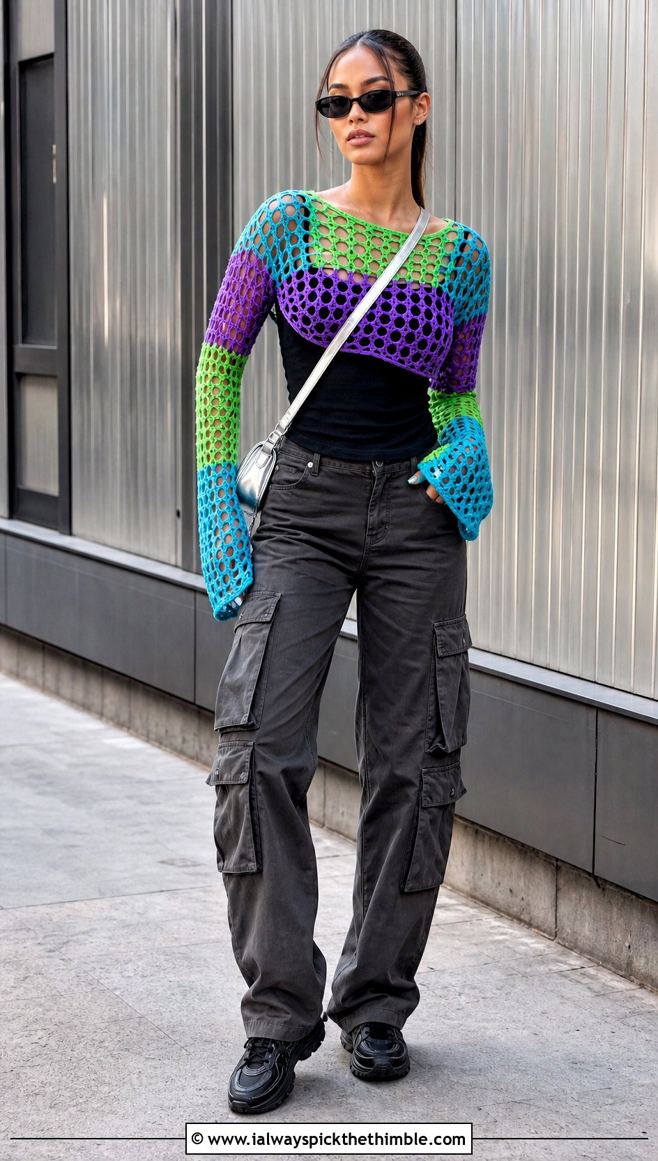 Three Color Mesh Crochet Top With Cargo Pants - 20 three color crochet top outfit ideas