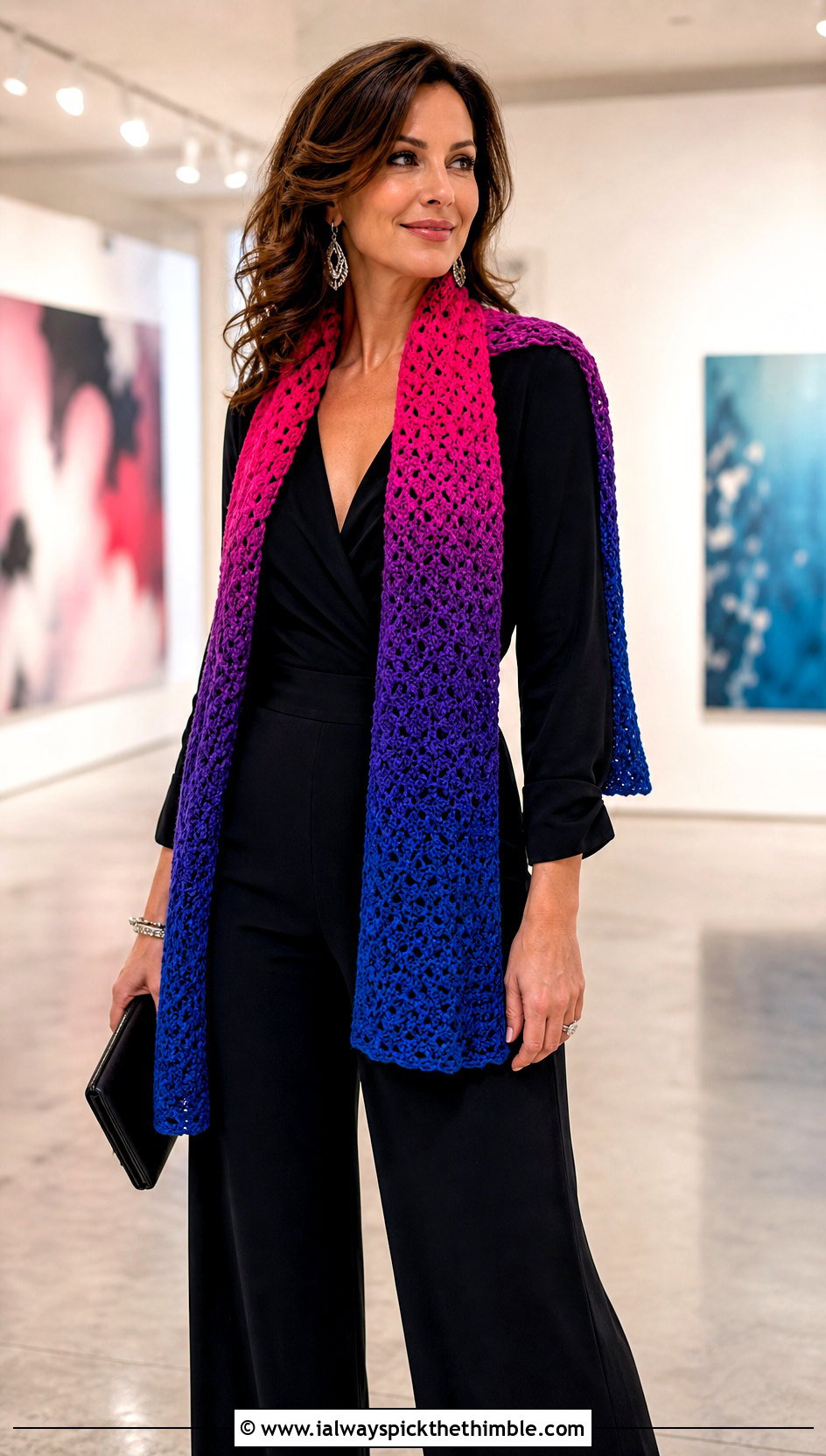 Three Color Ombre Crochet Scarf With Wide Leg Jumpsuit - 20 3 Colors Crochet Scarf outfit ideas