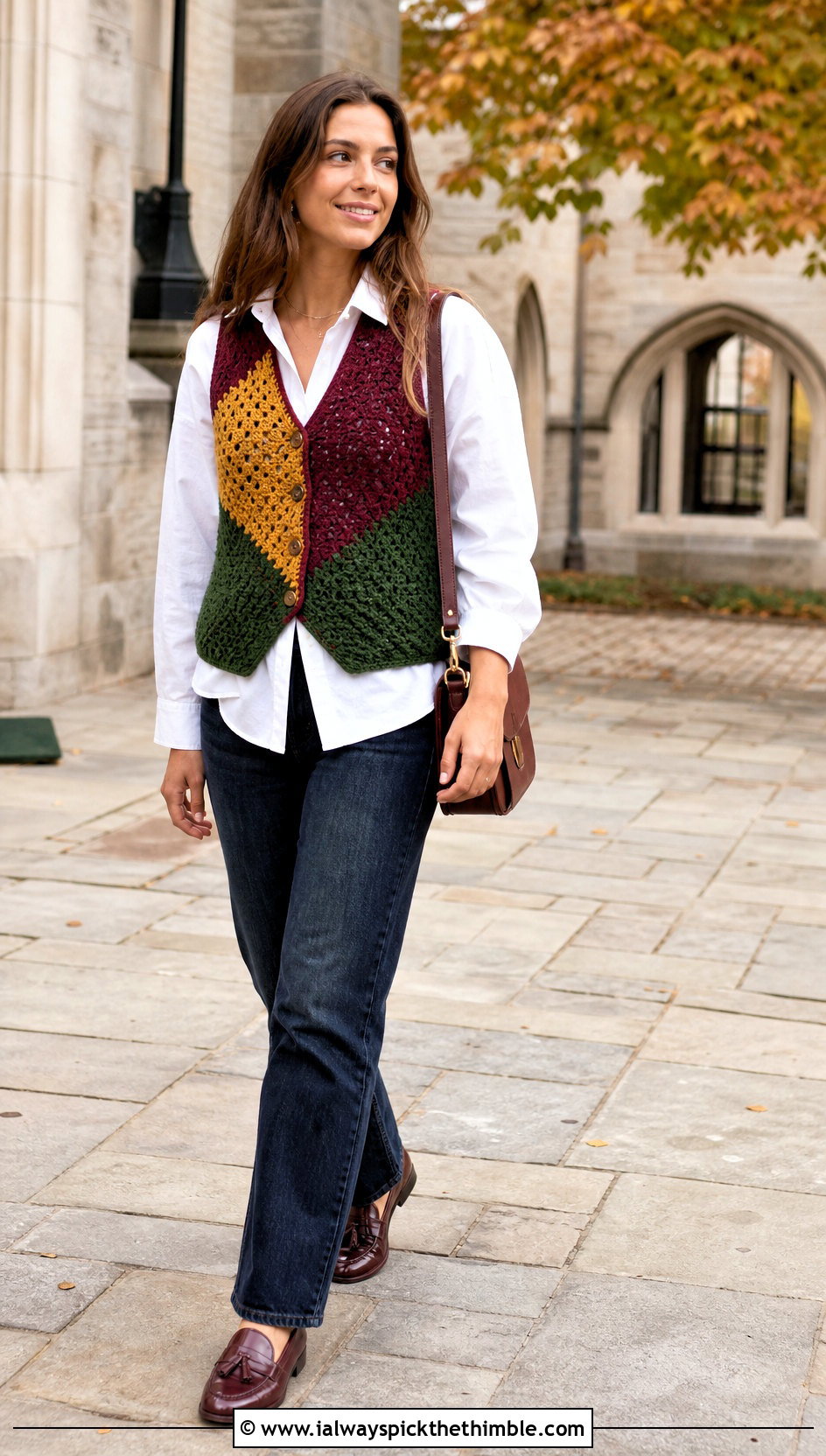 Three Color Patchwork Crochet Vest With Button Down Shirt - 20 three color crochet top outfit ideas