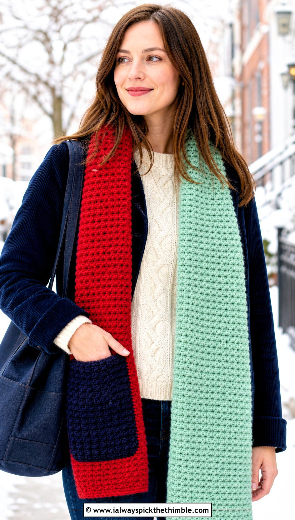Three Color Pocket Crochet Scarf With Corduroy Jacket - 20 3 Color Crochet Scarf outfit ideas