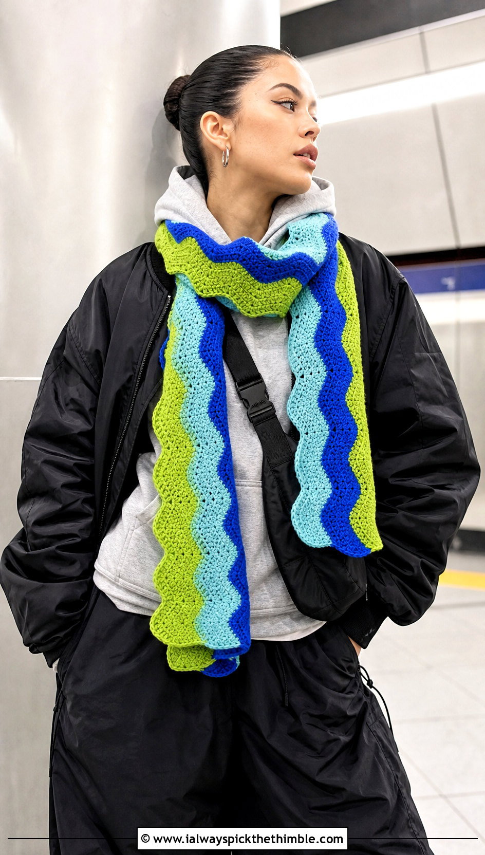Three Color Ripple Crochet Scarf With Hoodie And Bomber Jacket - 20 3 Colors Crochet Scarf outfit ideas