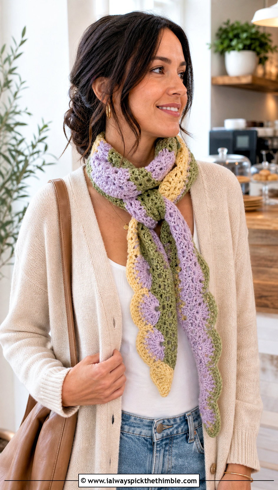 Three Color Shell Stitch Crochet Scarf With Cardigan - 20 3 Color Crochet Scarf outfit ideas