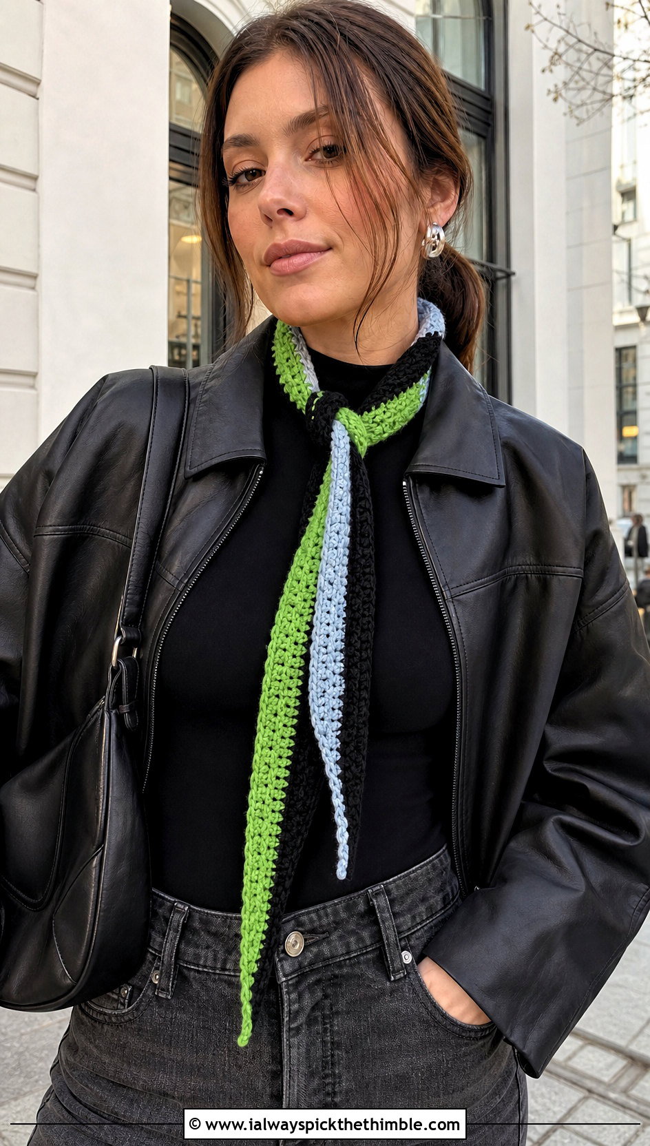 Three Color Skinny Crochet Scarf With Leather Jacket - 20 3 Colors Crochet Scarf outfit ideas