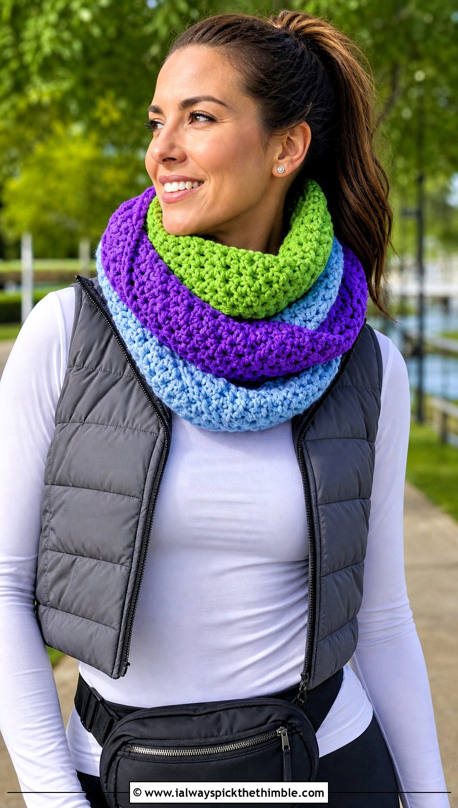 Three Color Snood Crochet Scarf With Athleisure - 20 3 Color Crochet Scarf outfit ideas