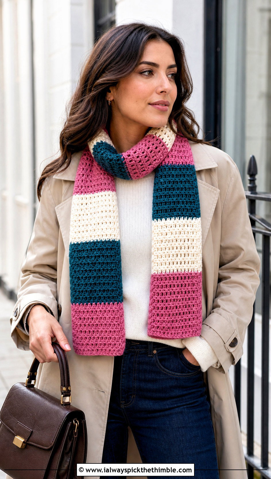 Three Color Striped Crochet Scarf With Trench Coat - 20 3 Colors Crochet Scarf outfit ideas