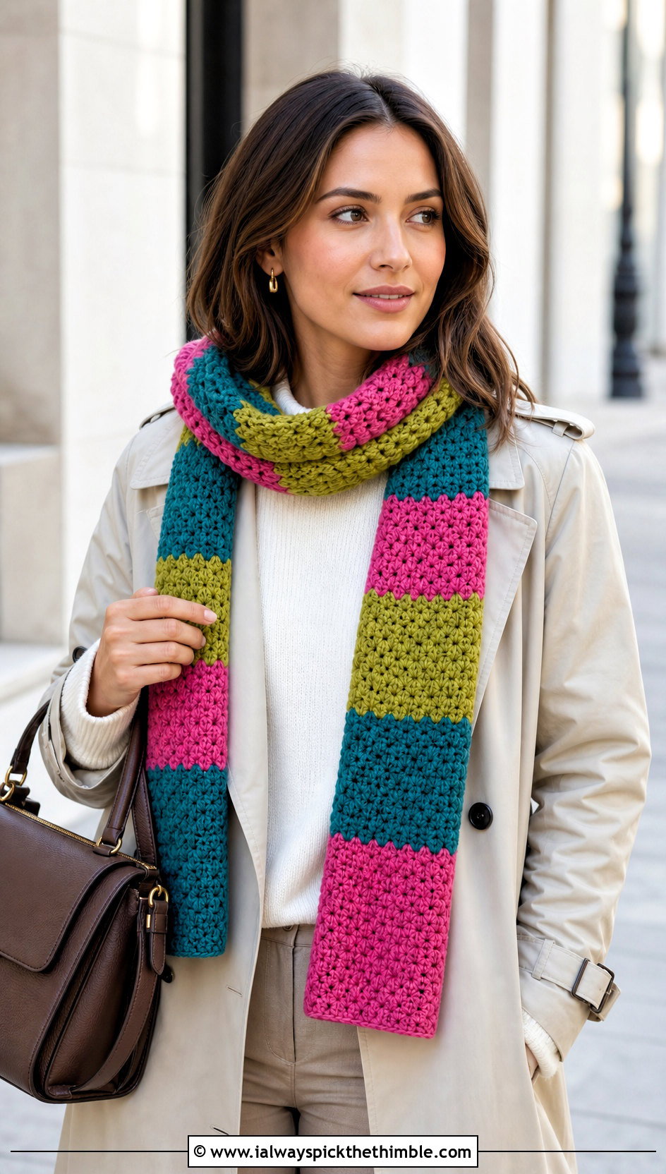 Three Color Striped Crochet Scarf With Trench Coat - 20 3 Color Crochet Scarf outfit ideas