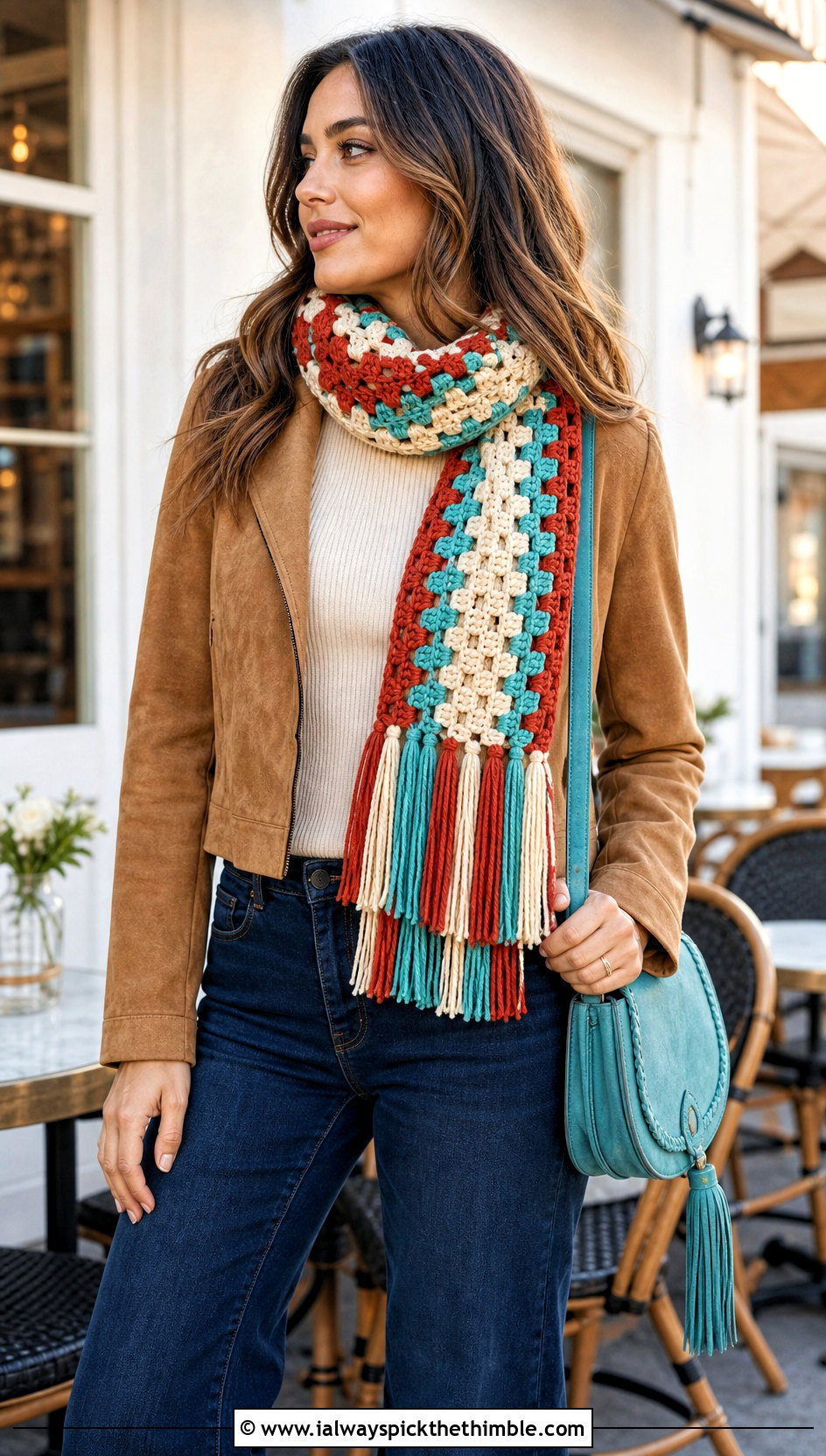 Three Color Tassel Crochet Scarf With Suede Jacket And Jeans - 20 3 Colors Crochet Scarf outfit ideas