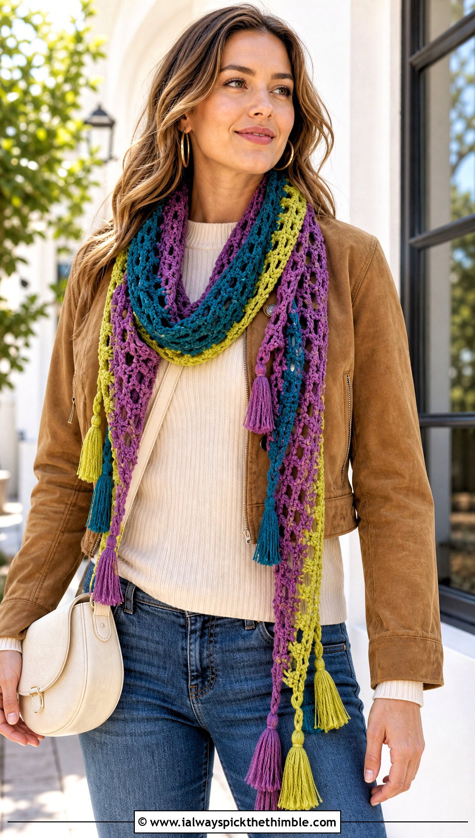 Three Color Tassel Crochet Scarf With Suede Jacket - 20 3 Color Crochet Scarf outfit ideas