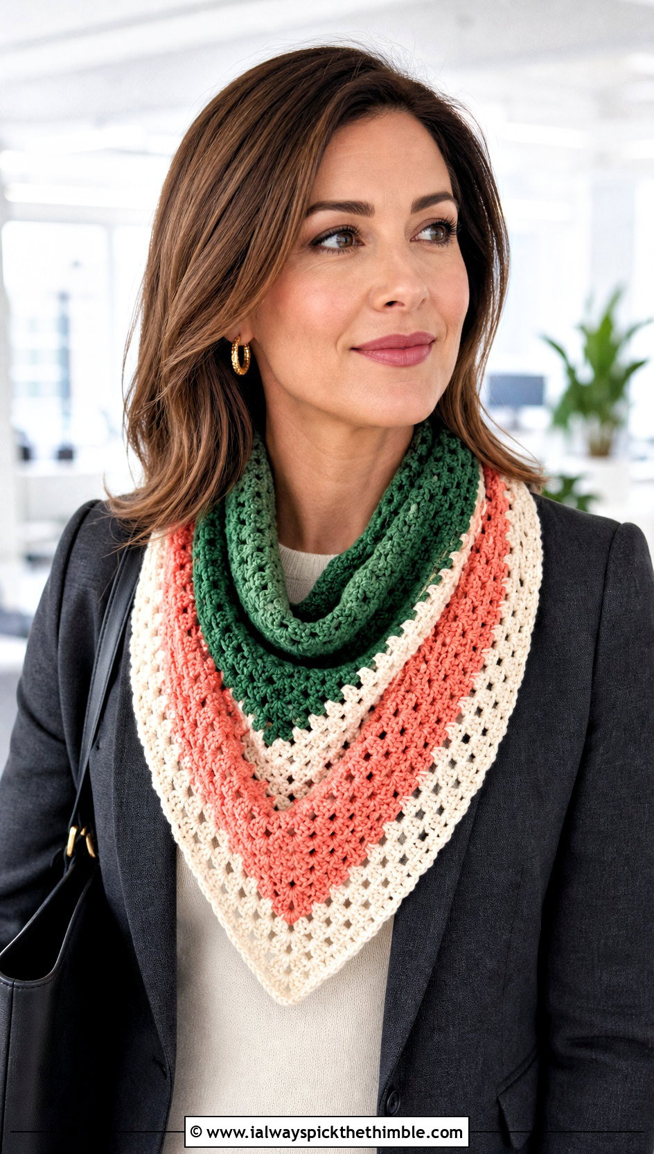 Three Color Triangle Crochet Scarf With Blazer - 20 3 Color Crochet Scarf outfit ideas