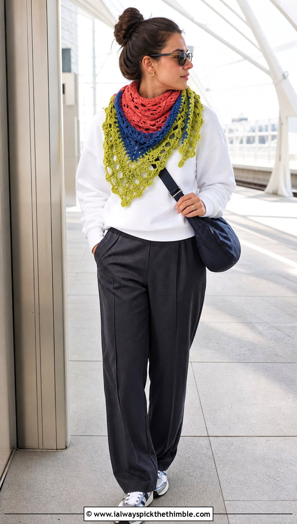 Three Color Triangle Crochet Shawl With Sweatshirt And Track Pants - 15 Beginner Triangle Crochet Shawl outfit ideas