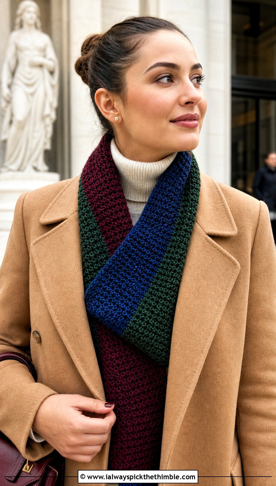 Three Color Tunisian Crochet Scarf With Wool Coat - 20 3 Colors Crochet Scarf outfit ideas