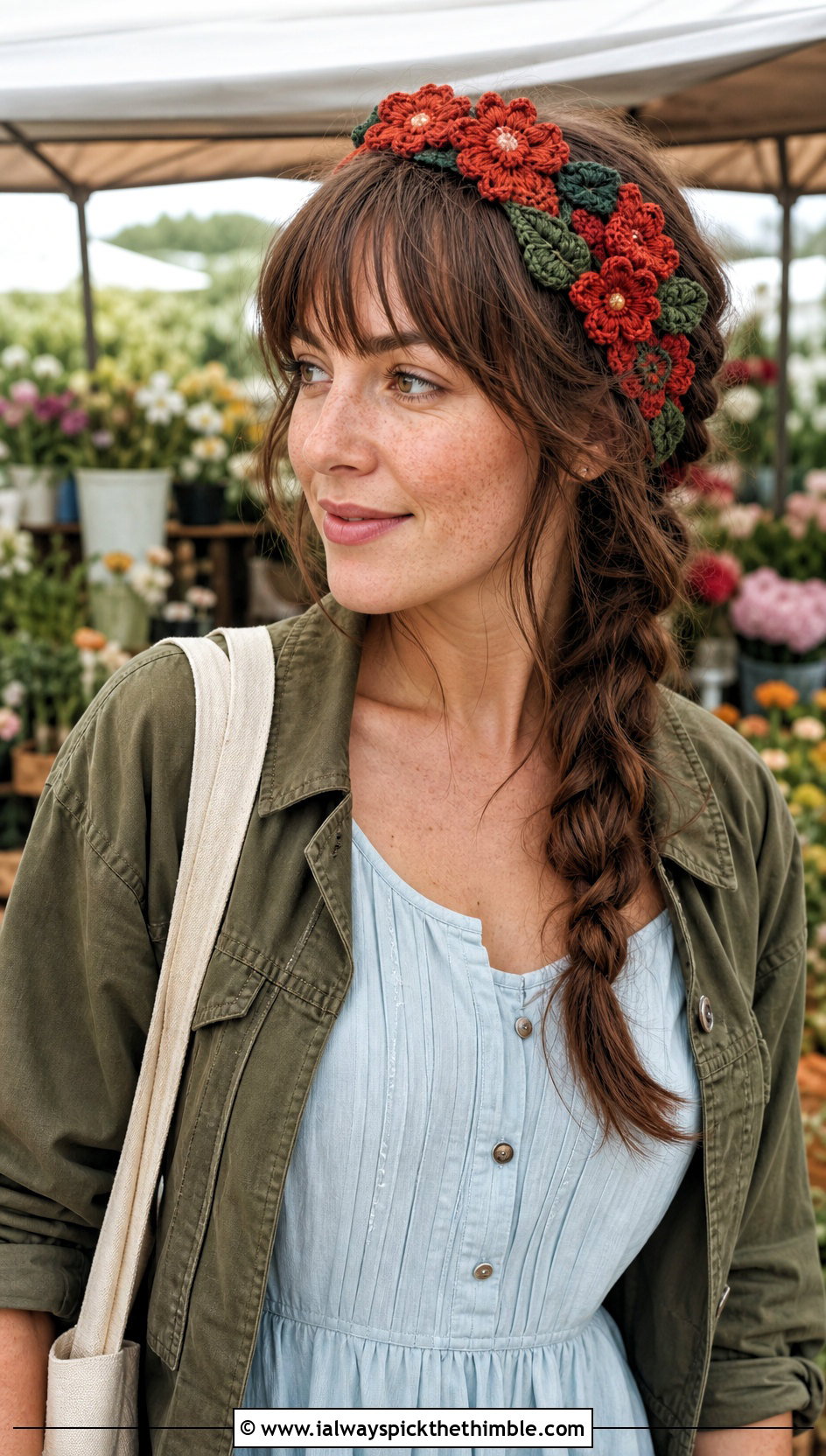 Three Dimensional Leaf And Flower Crochet Headband With Prairie Dress - 25 crochet flower headband outfit ideas