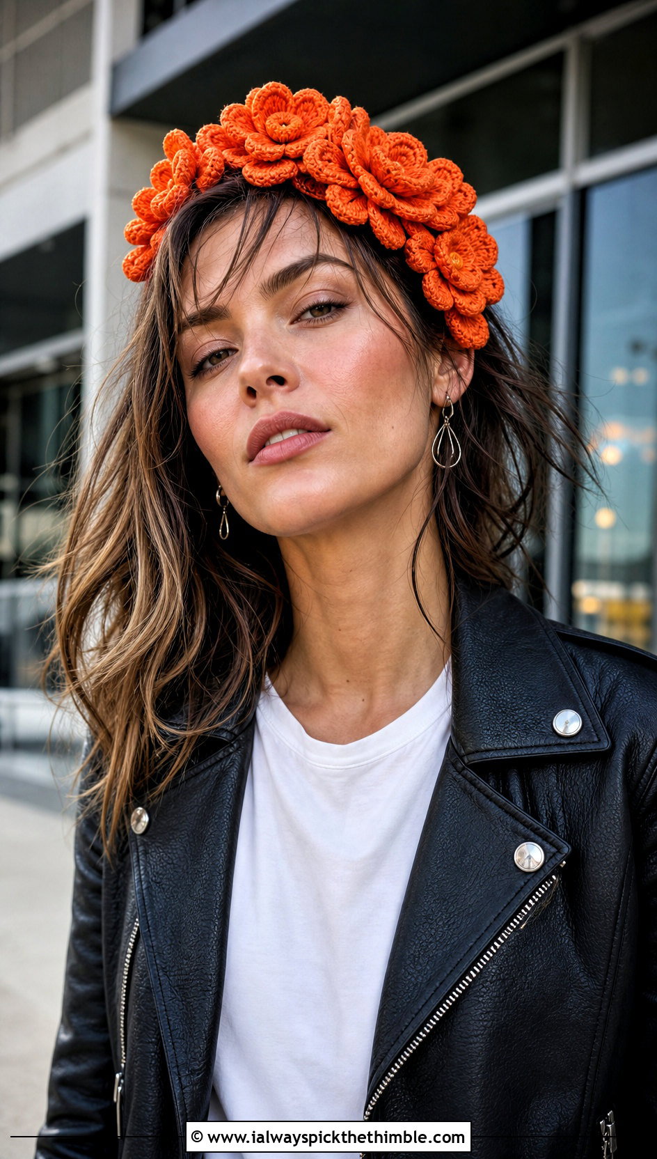 Three Dimensional Petal Crochet Flower Crown Headband With Leather Jacket - 20 crochet flower crown headband outfit ideas