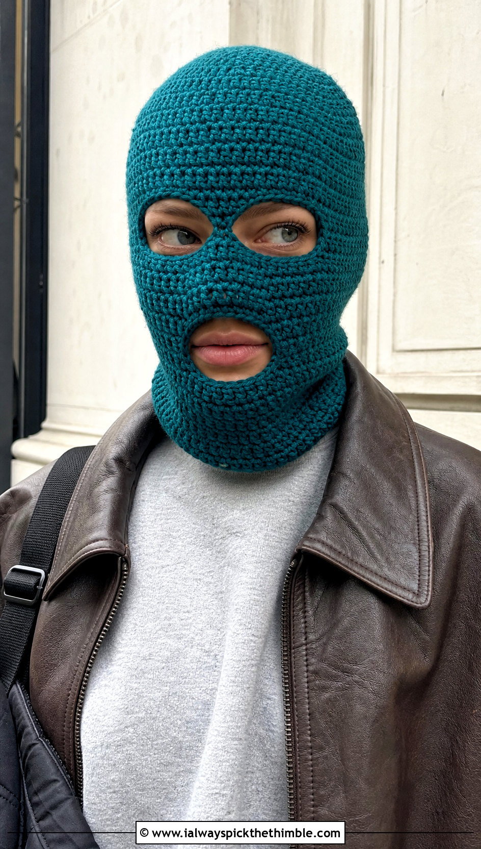 Three Hole Helmet Balaclava With Leather Bomber Jacket - 20 crochet helmet balaclava outfit ideas