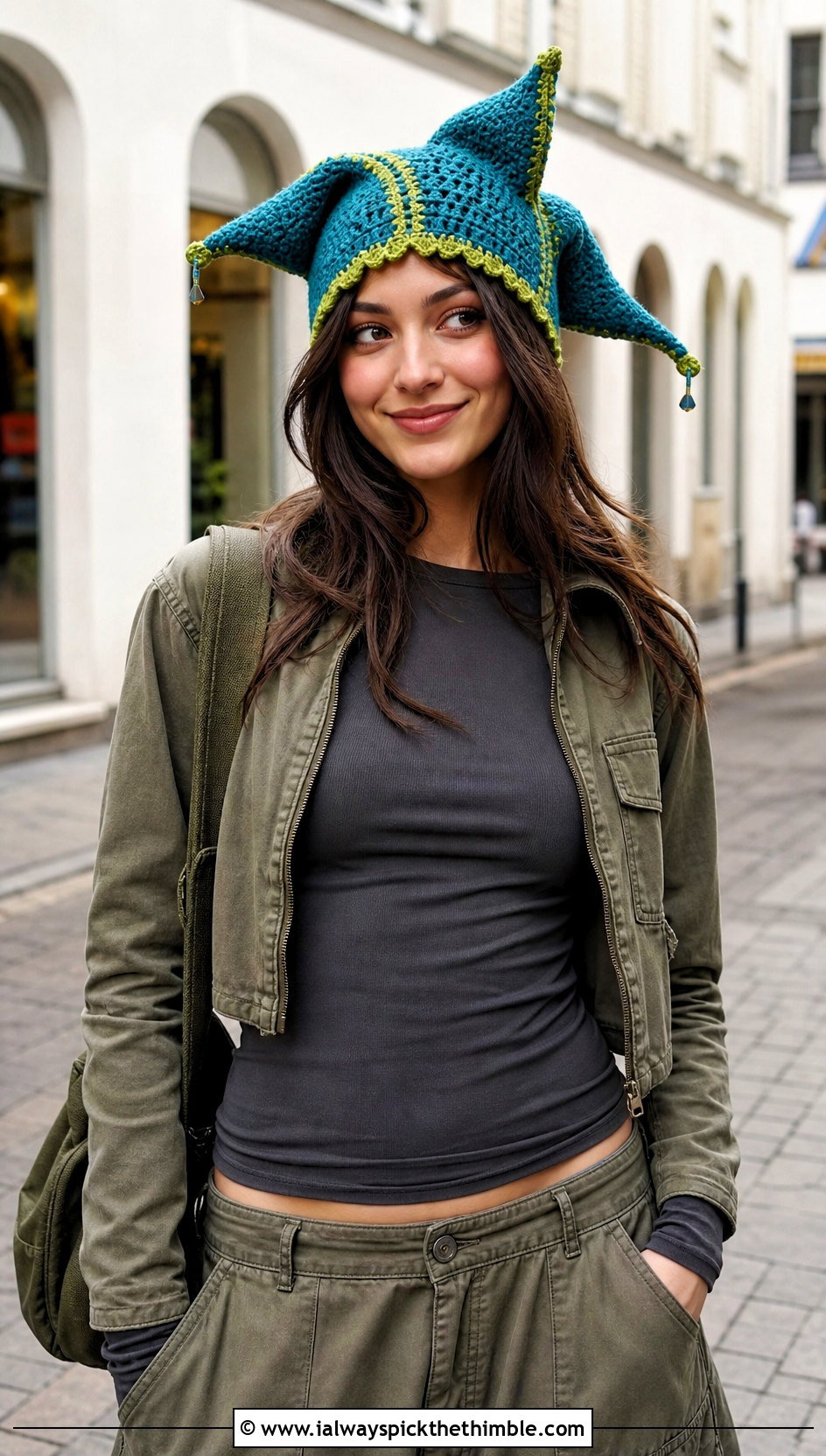 Three Point Crochet Jester Hat With Cargo Pants - 25 crochet jester hat outfit ideas