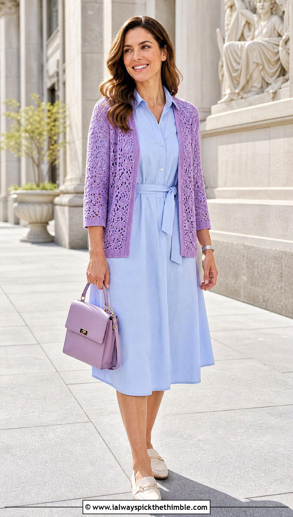 Three Quarter Sleeve Crochet Cardigan With Shirt Dress - 20 Crochet Long Lacy Cardigan outfit ideas