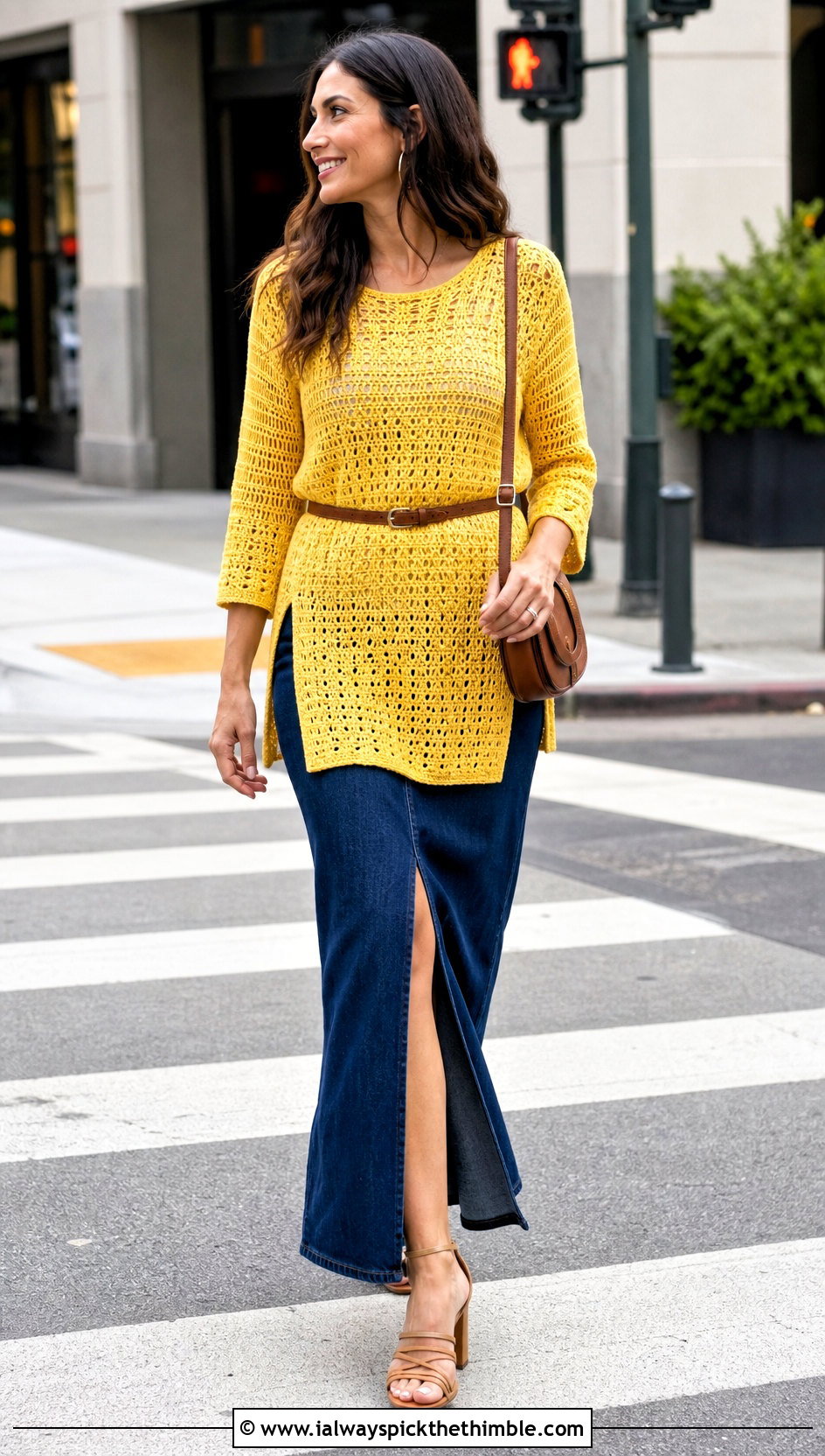 Three Quarter Sleeve Crochet Tunic With Denim Maxi Skirt - 20 Crochet Top Ideas With Sleeves