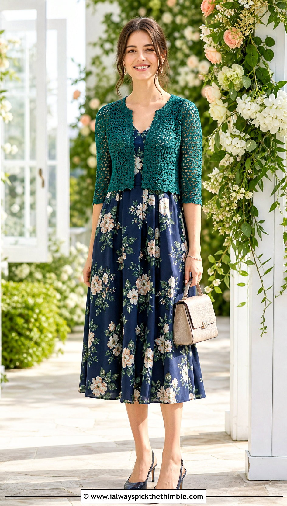 Three Quarter Sleeve Crocheted Bolero With Midi Dress - 25 crocheted bolero outfit ideas