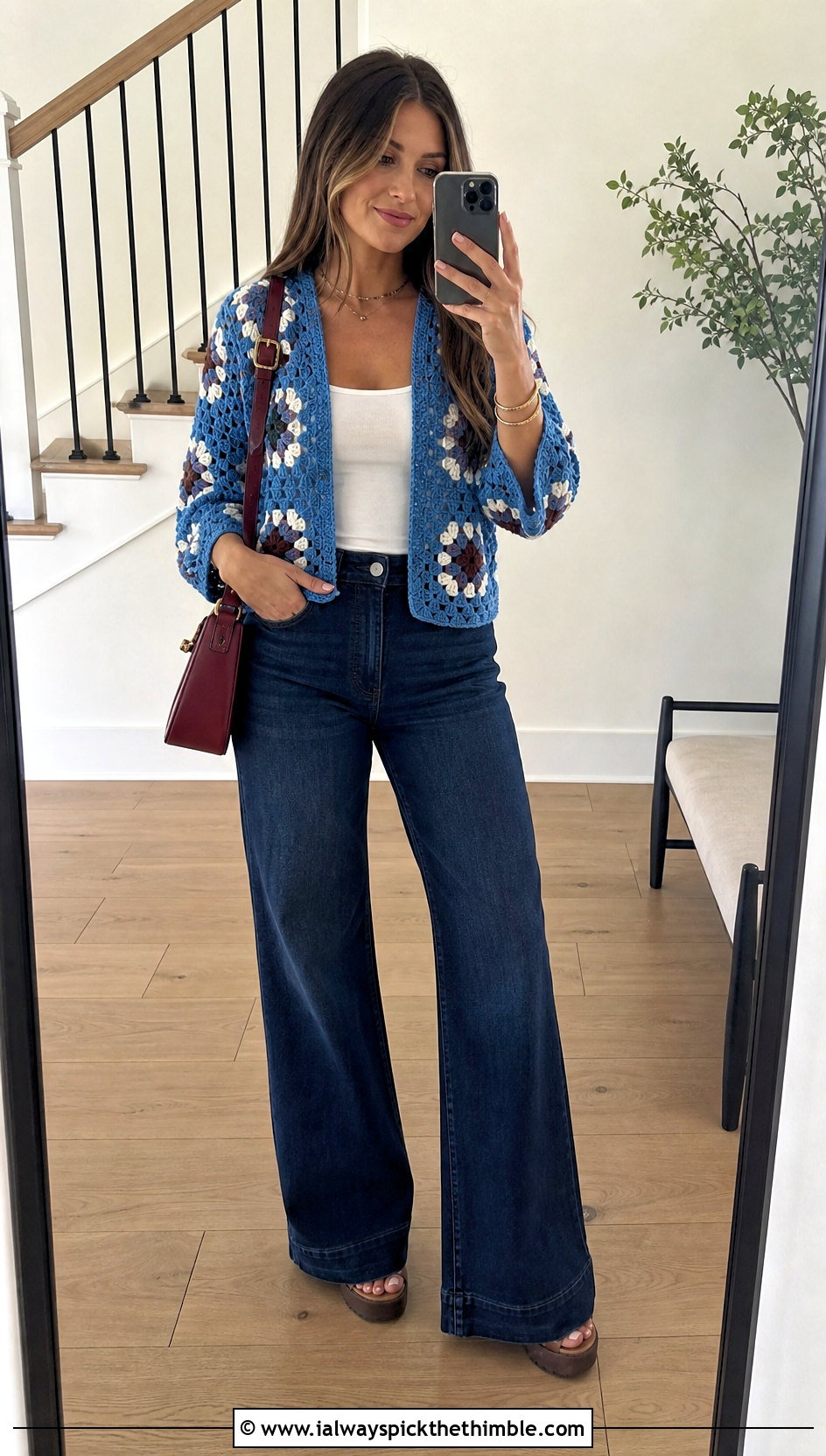 Three Quarter Sleeve Granny Square Cardigan With Wide Leg Jeans - 25 granny square crochet cardigan jacket outfit ideas